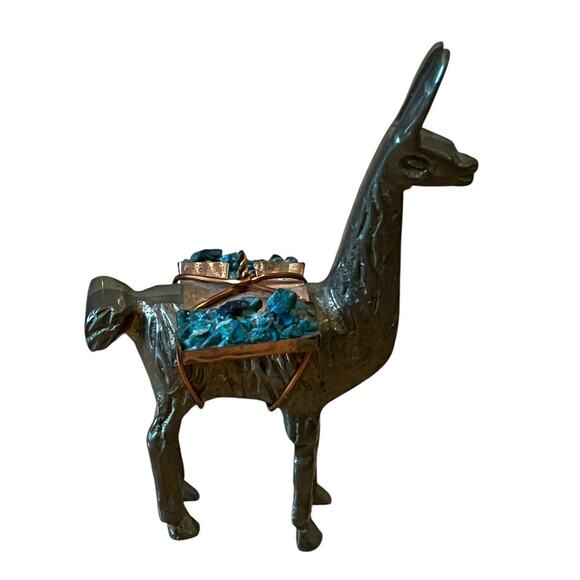 1970's VTG BRASS Llama Alpaca Figurine with Turquoise Cargo Packs COPPER Saddle - Picture 1 of 8